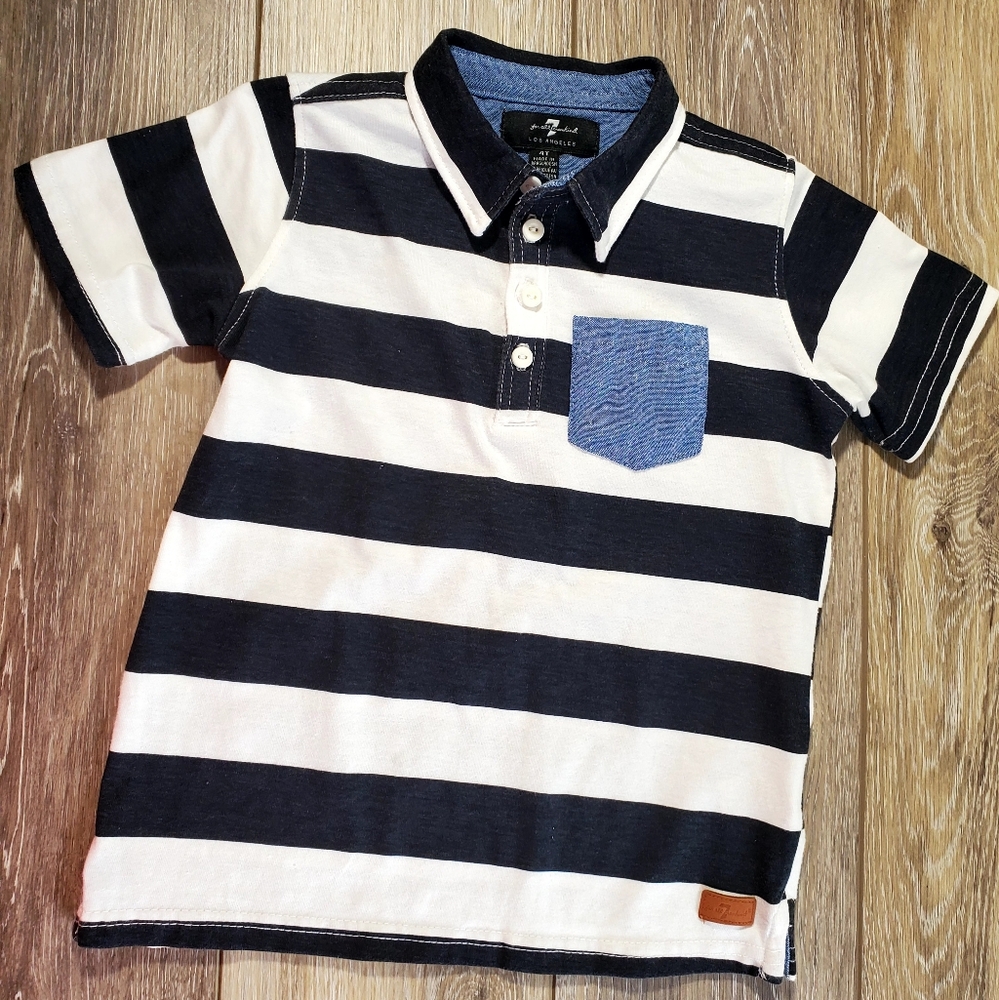 7 For All Mankind Striped Kids Polo Shirt - Navy and White SIZE 4T